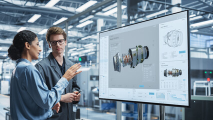 Meeting In Office Of Autonomous Factory With Robotic Arms: Hispanic Female Chief Engineer Talking...