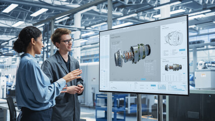 Meeting In Office Of Autonomous Factory With Robotic Arms: Hispanic Female Chief Engineer Talking...