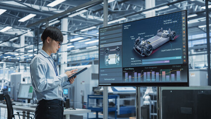 Asian Male Chief Engineer Using Tablet And Looking At TV With Modern Electric Vehicle Transmission...