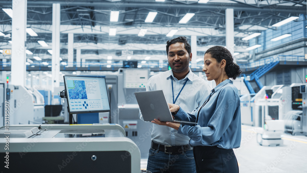 Poster indian male engineer and hispanic female manager using laptop computer and talking at electronics fa
