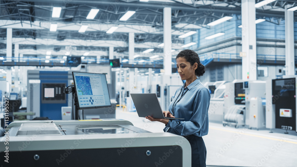 Poster Hispanic Female Engineer Using Laptop Computer To Control Soldering Jet Printer On Electronics Factory. Woman Working On Production Of Innovative Circuit Boards For Artificial Intelligence Systems.