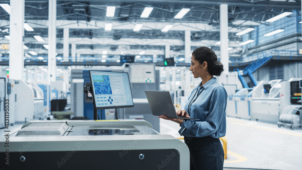 Aufkleber hispanic female engineer using laptop to control soldering jet printer on electronics factory. woman
