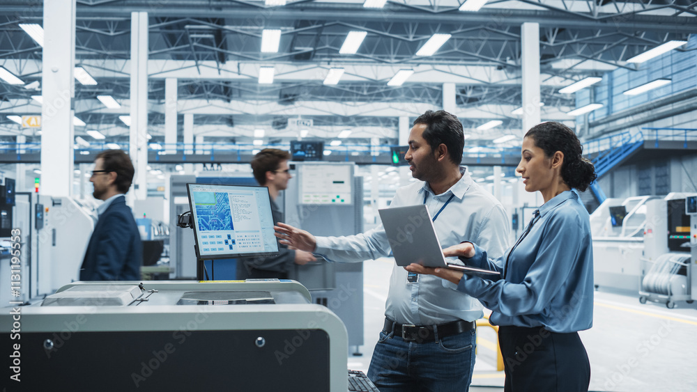 Poster indian male chief engineer and hispanic female supervisor using laptop and talking at electronics fa