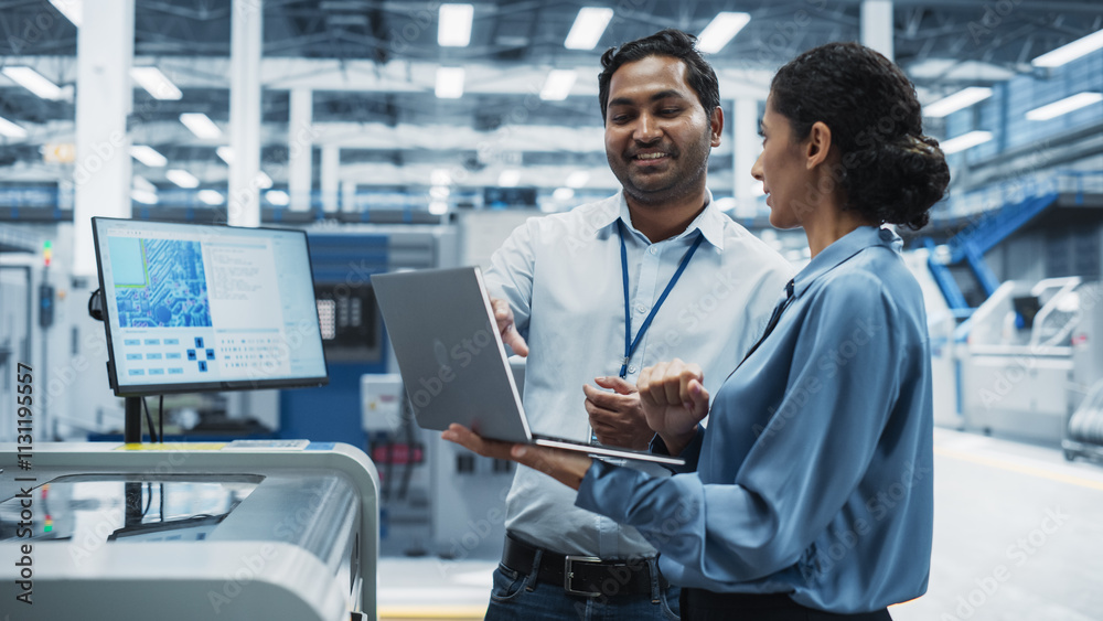 Leinwandbilder indian male engineer and hispanic female supervisor using laptop and talking at electronics factory.
