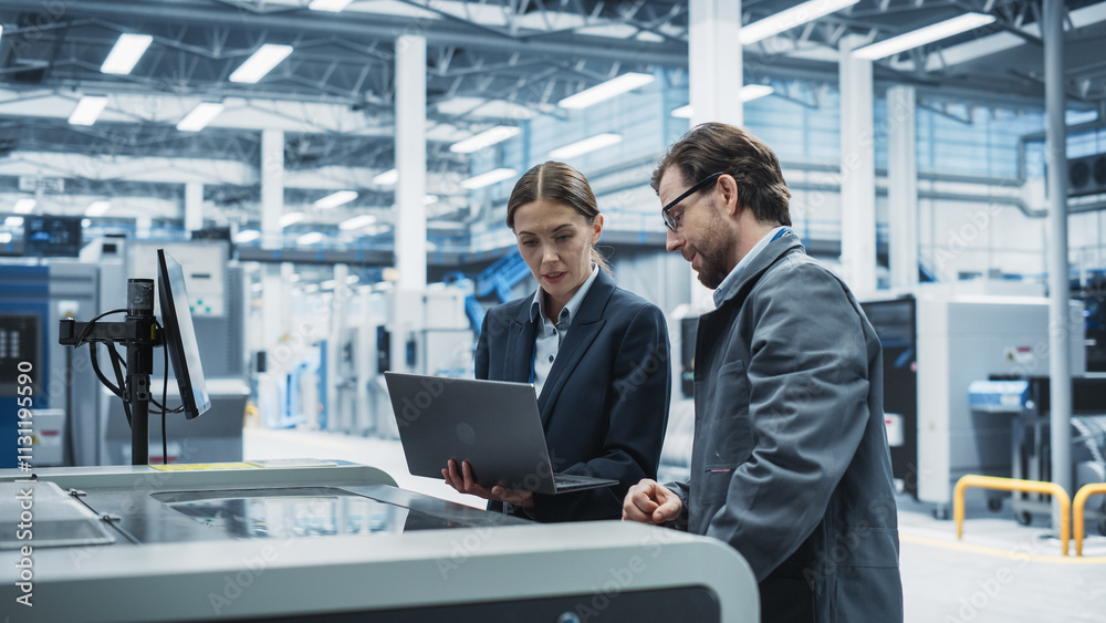 Poster caucasian female manager using laptop and talking to male industrial engineer at modern electronics 