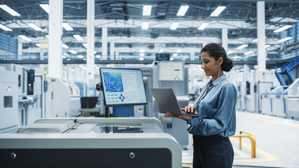 Hispanic Female Engineer Using Laptop To Control Soldering Jet Printer On Electronics Factory....