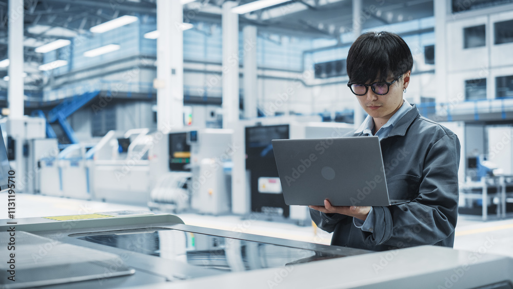 Poster Asian Male Technician Using Laptop Computer To Control Soldering Jet Printer On Electronics Factory. Man Working On Production Of Innovative Printed Circuit Boards For Machine Learning Systems.