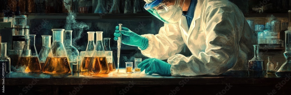 Poster a scientist in a lab conducts experiments with glassware and liquids.
