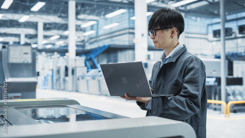 Aufkleber Asian Male Technician Using Laptop Computer To Control Soldering Jet Printer On Electronics Factory. Man Working On Production Of Innovative Printed Circuit Boards For Machine Learning.
