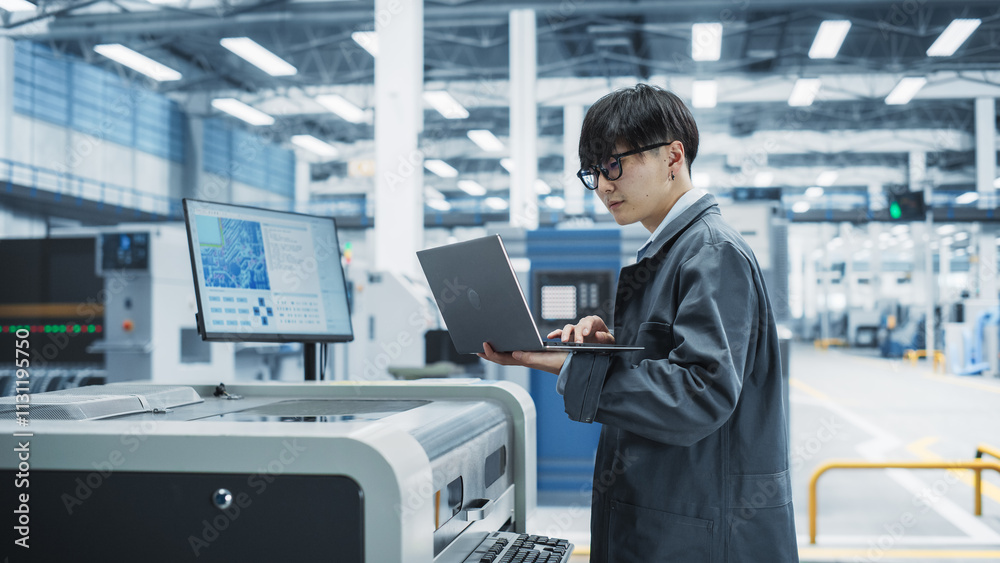 Fototapete asian male technician using laptop to control soldering jet printer on electronics factory. man work
