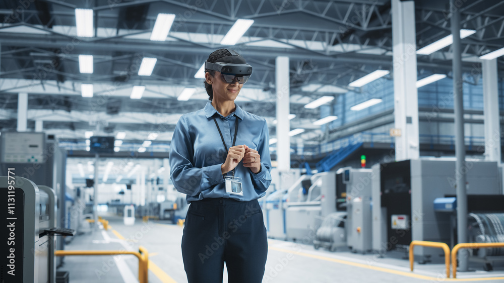 Poster Hispanic Female Engineer Wearing an Augmented Reality Headset And Controlling Autonomous Production At an Electronics Factory. Technician Using Gestures To Configure Assembly Line of High-Tech Devices