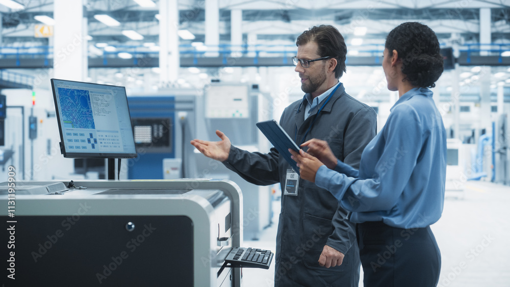 Poster Caucasian Industrial Engineer And Hispanic Female Supervisor Using Tablet And Talking At Electronics Factory. Man Using Soldering Jet Printer, Explaining Process Behind Production Of New Microchips.