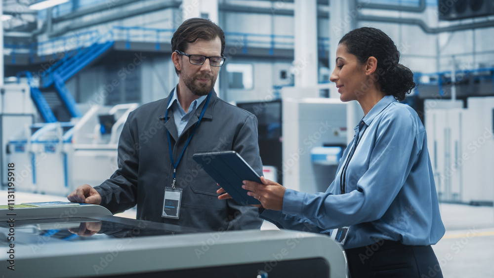Fototapete male technician and hispanic businesswoman using tablet computer in modern electronics factory. cauc