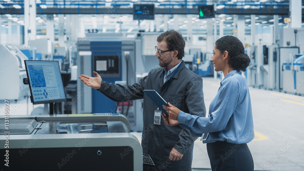 Leinwandbilder Caucasian Male Chief Engineer And Hispanic Female Supervisor Using Tablet And Talking At Electronics Factory. Man Using Soldering Jet Printer, Explaining Process Behind Production Of Microchip.