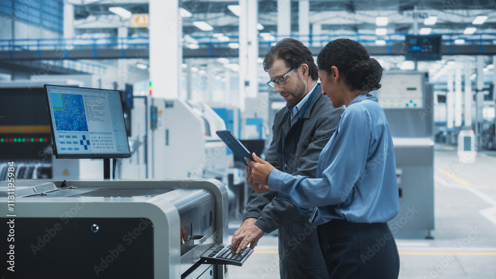 Aufkleber male technician and hispanic businesswoman using tablet in electronics factory. caucasian man explai