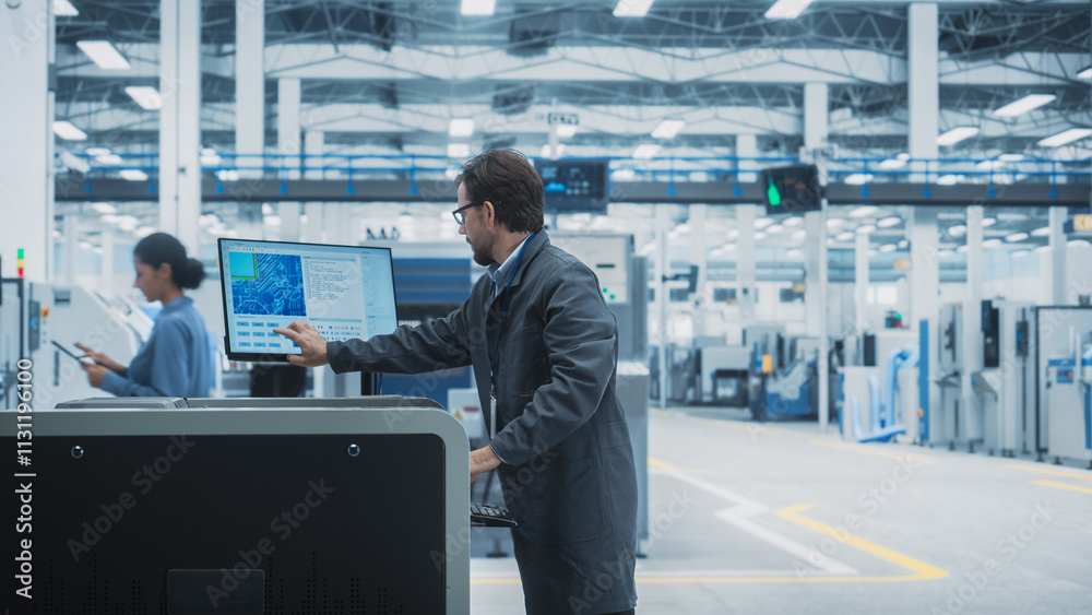 Poster Caucasian Male Assembly Line Worker Using Soldering Jet Printer For Production Of Printed Circuit Boards At Autonomous Factory. Man Working On Computer Parts For High Tech Machine Learning Systems.