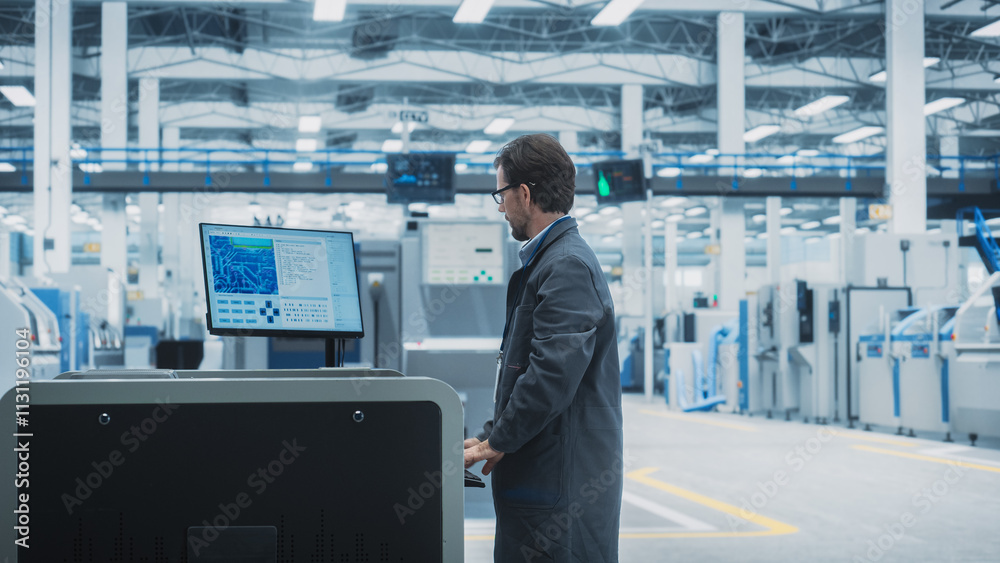 Poster Caucasian Male Assembly Line Worker Using Soldering Jet Printer For Production Of Printed Circuit Boards At an Autonomous Factory. Man Working On Computer Parts For High Tech Machine Learning Systems.