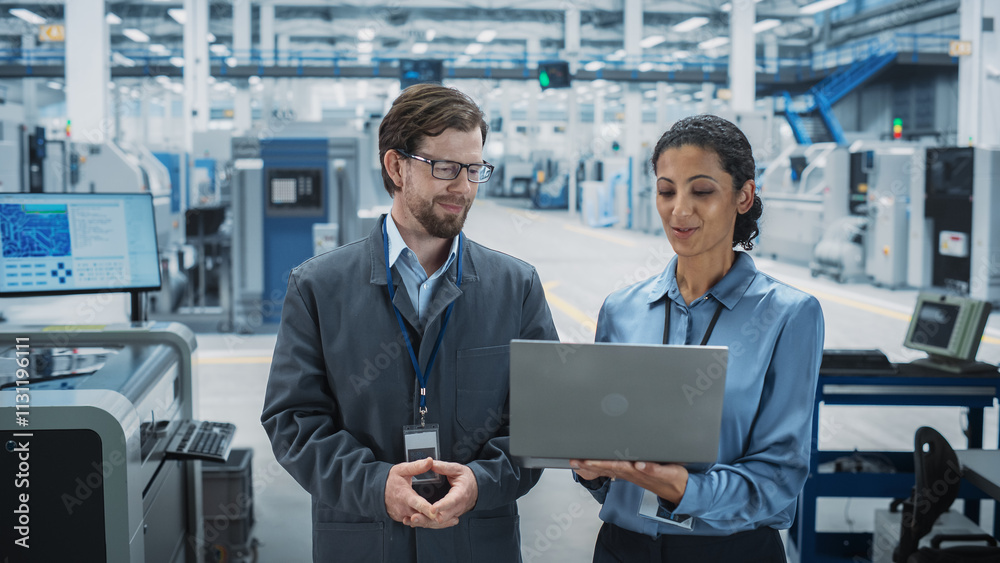 Poster caucasian man and hispanic female having a conversation at an industrial facility. advanced factory 