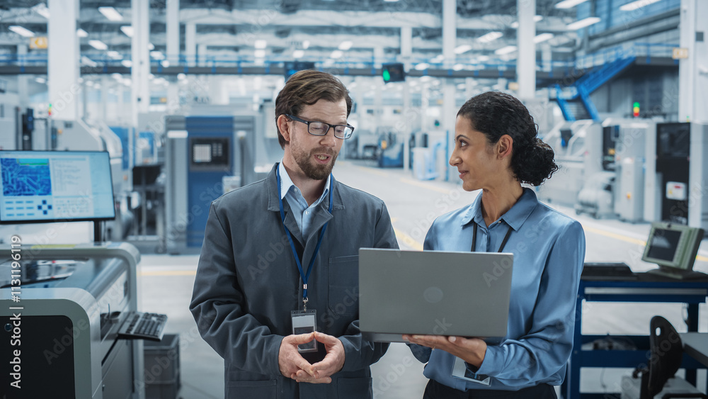 Poster caucasian man and hispanic female having a conversation at an industrial facility. advanced factory 