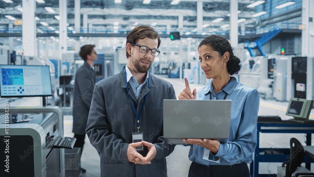 Poster Caucasian Man and Hispanic Female Having a Conversation at Industrial Facility. Advanced Factory Employees Working Together, Using Laptop Computer for Supervising Work Process At Assembly Line.