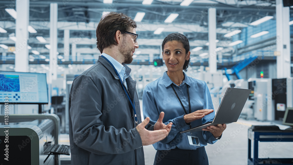 Poster caucasian man and hispanic female having a conversation at an industrial facility. advanced factory 