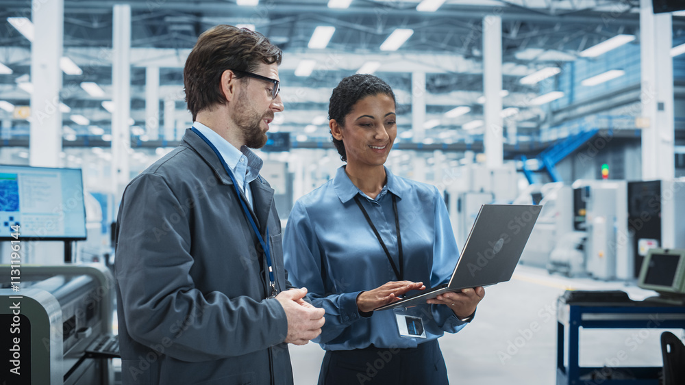 Poster caucasian man and hispanic female having a conversation at an industrial facility. advanced factory 