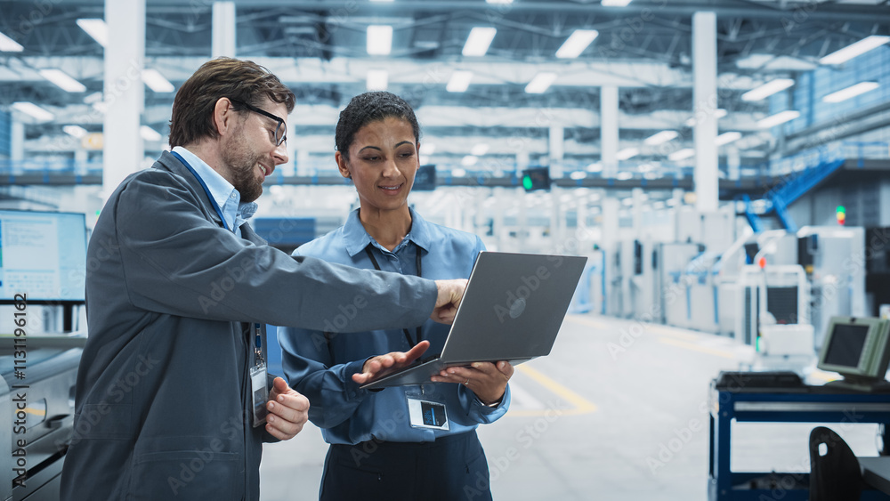 Poster Caucasian Man and Hispanic Female Having a Conversation at an Industrial Facility. Advanced Factory Employees Working Together, Using Laptop for Supervising Assembly Process Of New Computer Devices.
