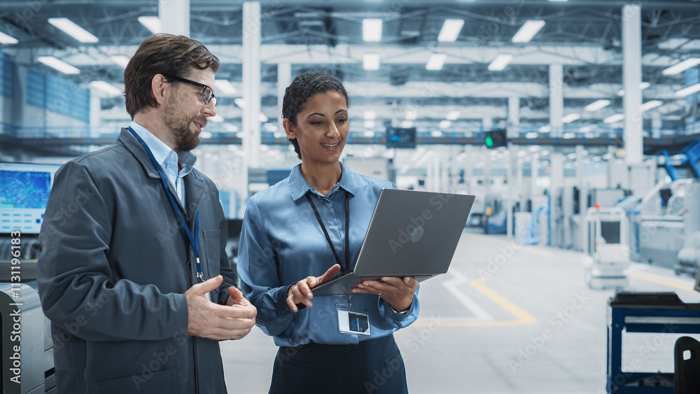 Poster caucasian man and hispanic female having a conversation at an industrial facility. factory employees