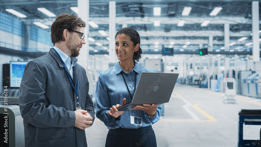 Poster caucasian man and hispanic female having a conversation at industrial facility. factory employees wo