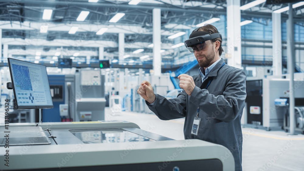 Fototapete caucasian male engineer wearing an augmented reality headset and controlling a soldering jet printer