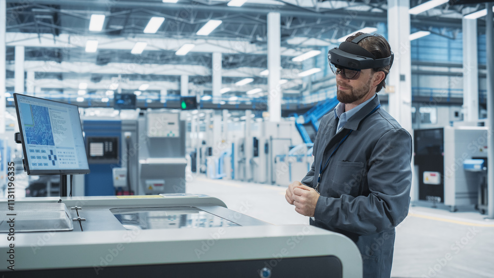 Fototapete Caucasian Male Engineer Wearing an Augmented Reality Headset And Controlling a Soldering Jet Printer At an Electronics Factory. Technician Using Gestures To Configure Industrial Machinery.