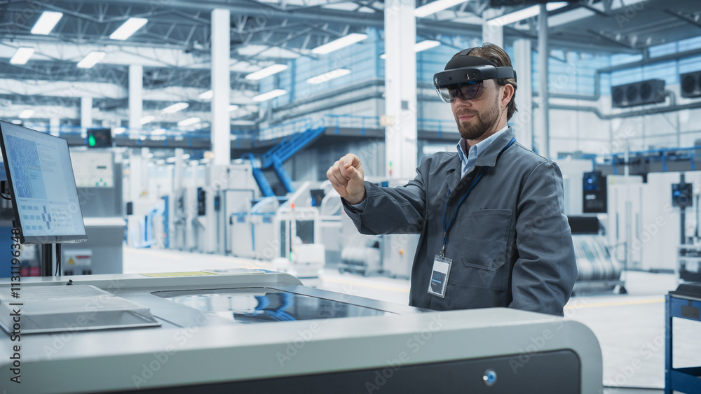 Aufkleber caucasian male engineer wearing an augmented reality headset and controlling soldering jet printer a