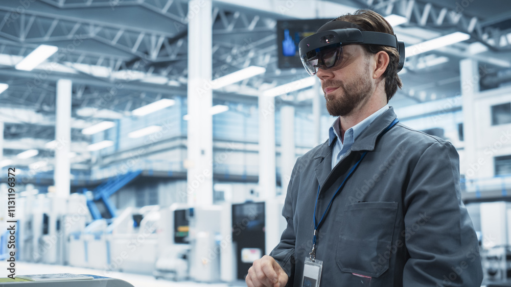 Fototapete close up of caucasian male engineer wearing an augmented reality headset and controlling soldering j