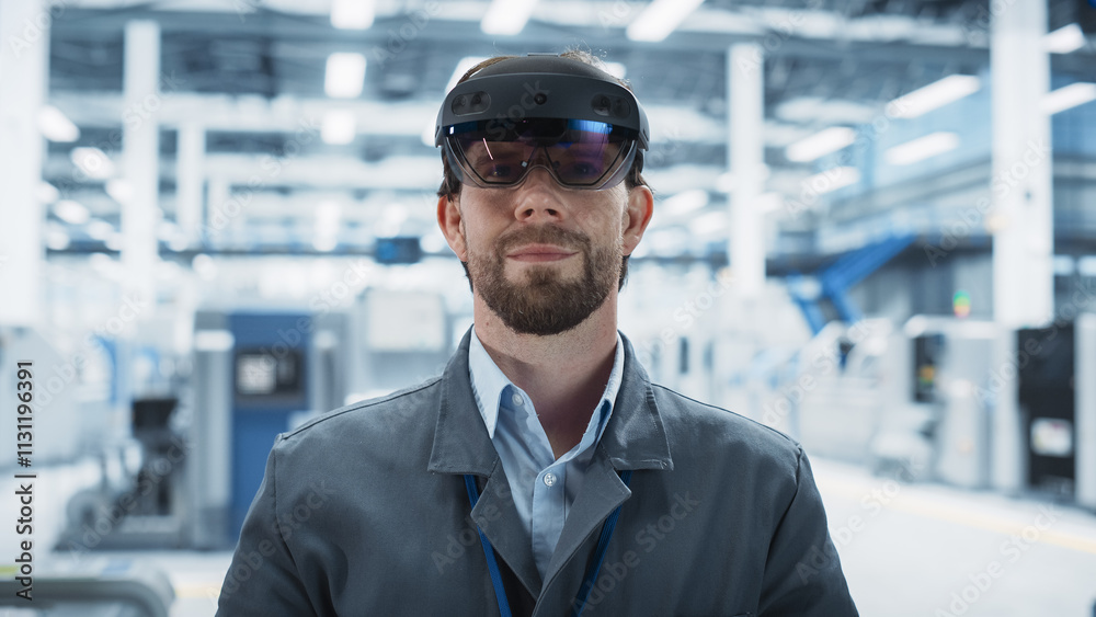 Poster Close-Up Portrait Of Caucasian Male Engineer Wearing Augmented Reality Headset, Controlling Autonomous Production At Electronics Factory. Man Overlooking Assembling Process Of Computer Parts