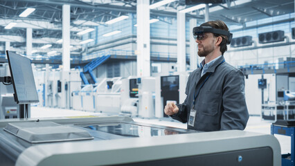 Caucasian Male Engineer Wearing an Augmented Reality Headset And Controlling Soldering Jet Printer...