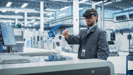 Caucasian Male Engineer Wearing an Augmented Reality Headset And Controlling Soldering Jet Printer...