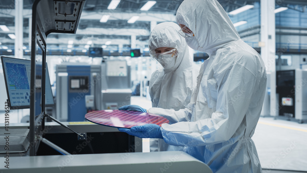 Poster Semiconductor Production Process At Electronics Factory: Two Technicians In Sterile Suits Taking Out Silicon Wafer From Soldering Jet Printer And Checking It. Engineers Making Hardware For Computers