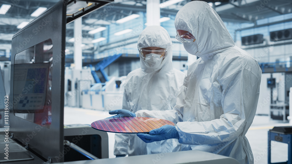 Poster Semiconductor Production Process At Electronics Factory: Two Technicians In Sterile Suits Taking Out Silicon Wafer From Soldering Jet Printer And Inspecting It. Engineers Making Hardware For Computers