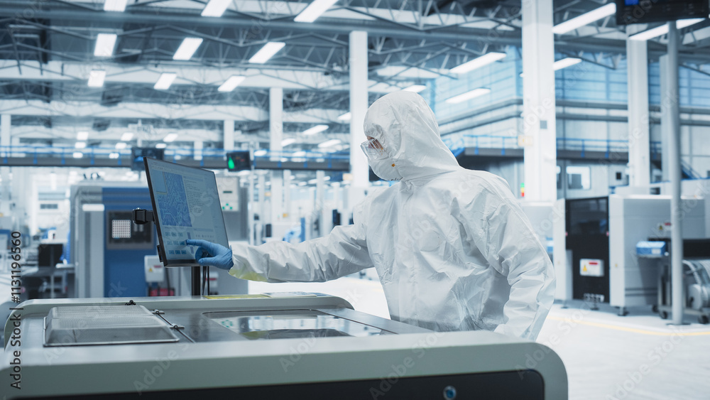 Poster printed circuit board production at electronics factory: technician in sterile suit using soldering 