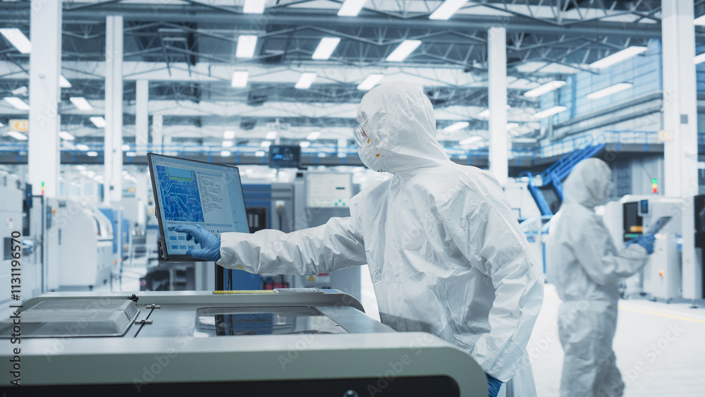 Poster printed circuit board production at electronics factory: technician in sterile suit using soldering 