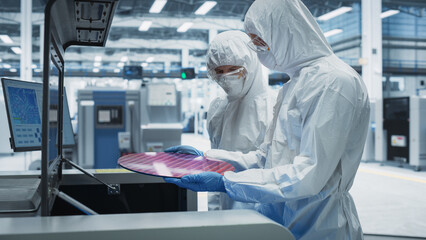 Semiconductor Production Process At Electronics Factory: Two Technicians In Sterile Suits Taking...