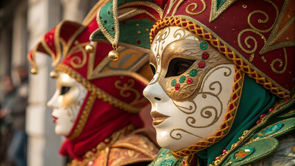 Obraz premium Venetian carnival masks: intricate jester designs in traditional festival setting.