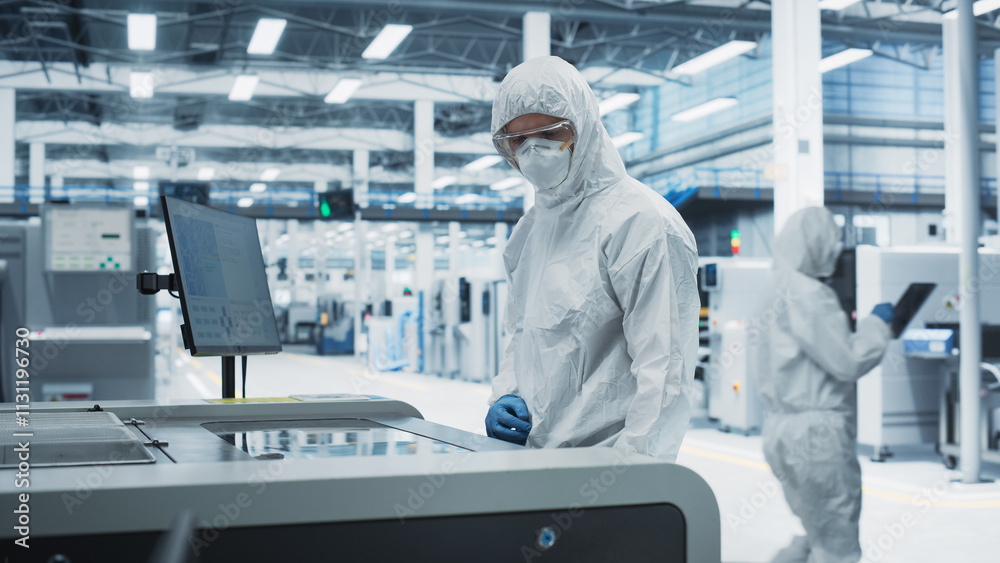 Fototapete printed circuit board production at electronics factory: scientist in sterile suit using soldering j