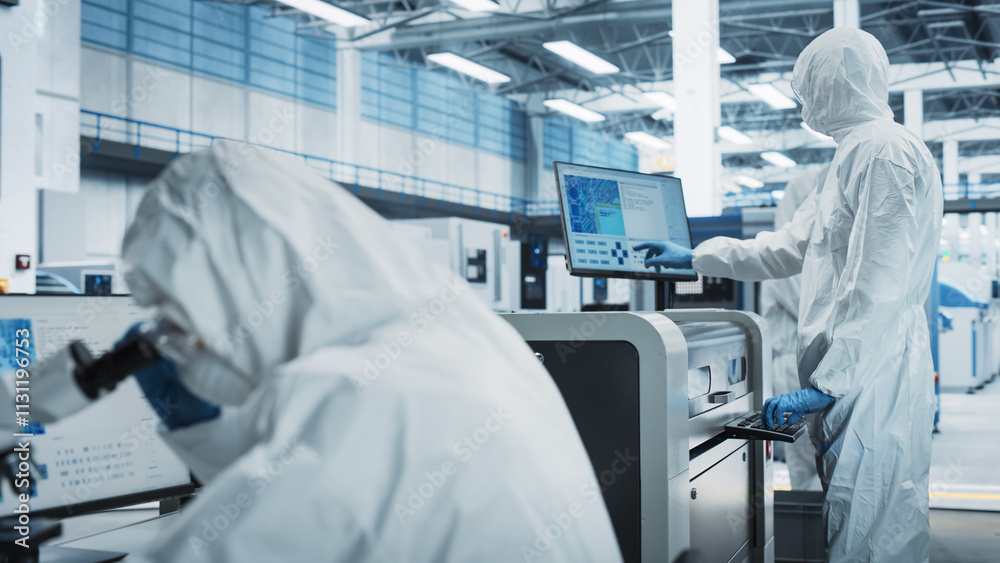 Poster Scientists In Sterile Suites In Electronics Factory Cleanroom: Engineer Using Microscope And Desktop Computer To Inspect Microchip. His Colleague Using Soldering Jet Printer To Print Motherboards.