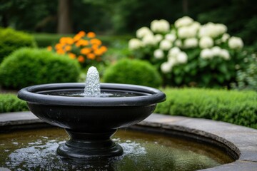 spring garden oasis, a tranquil spring garden overflows with lush greenery, vibrant blooms, and a bubbling fountain