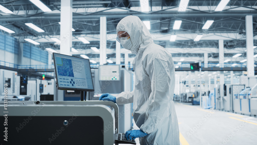 Aufkleber printed circuit board production in a factory research center: scientist in sterile suit using solde