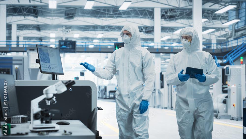 Aufkleber Two Scientists in Sterile Suits Walking In Electronics Factory Research Center. Technician With Tablet And Engineer Approaching Soldering Jet Printer And Starting Production Process Of Circuit Boards.