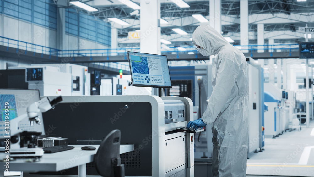Aufkleber printed circuit board production in factory research center: scientist in sterile suit using solderi