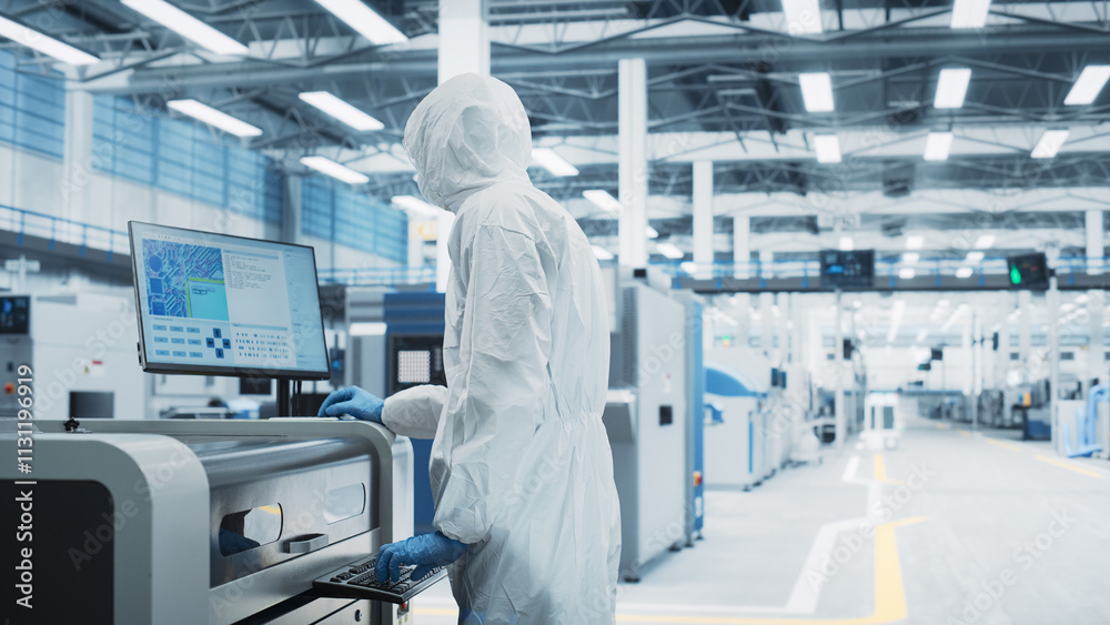 Poster Printed Circuit Board Production In a Factory Research Center: Scientist In Sterile Suit Using Soldering Jet Printer To Make Motherboards For Powerful Computers. Hardware Manufacturing Facility.