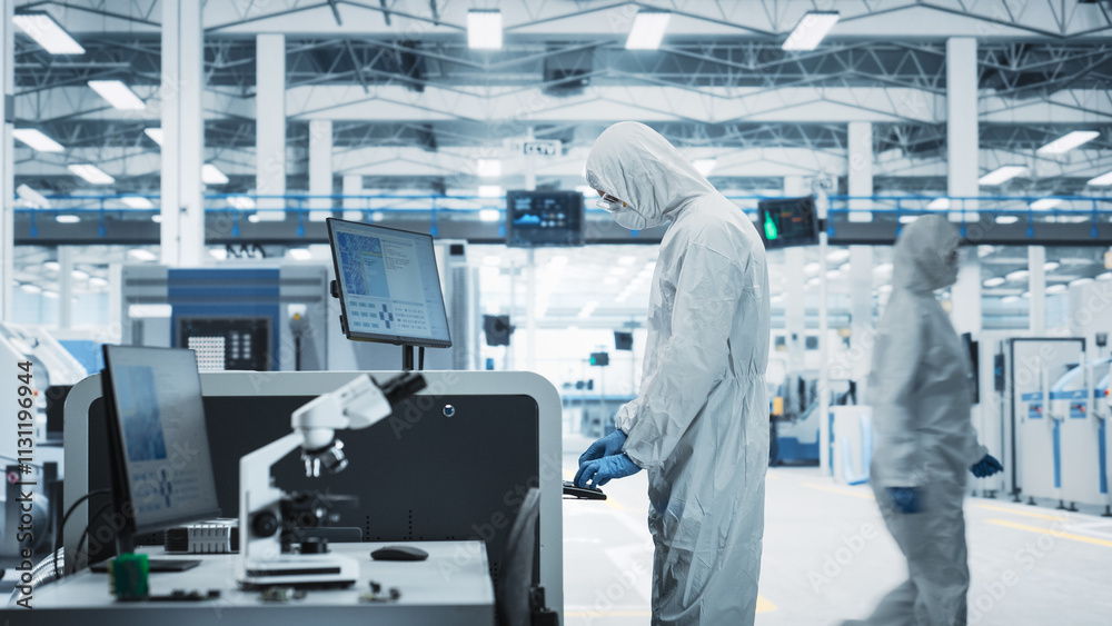Fototapete printed circuit board production at electronics factory: scientist in sterile suit using soldering j